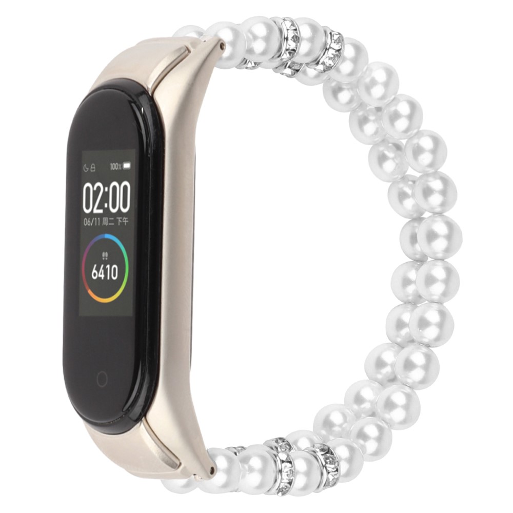 For Xiaomi Mi Band 3/4 Double Rows Pearls Watch Band Bracelet Replacement Strap - White-2