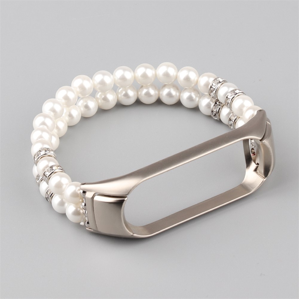 For Xiaomi Mi Band 3/4 Double Rows Pearls Watch Band Bracelet Replacement Strap - White-5