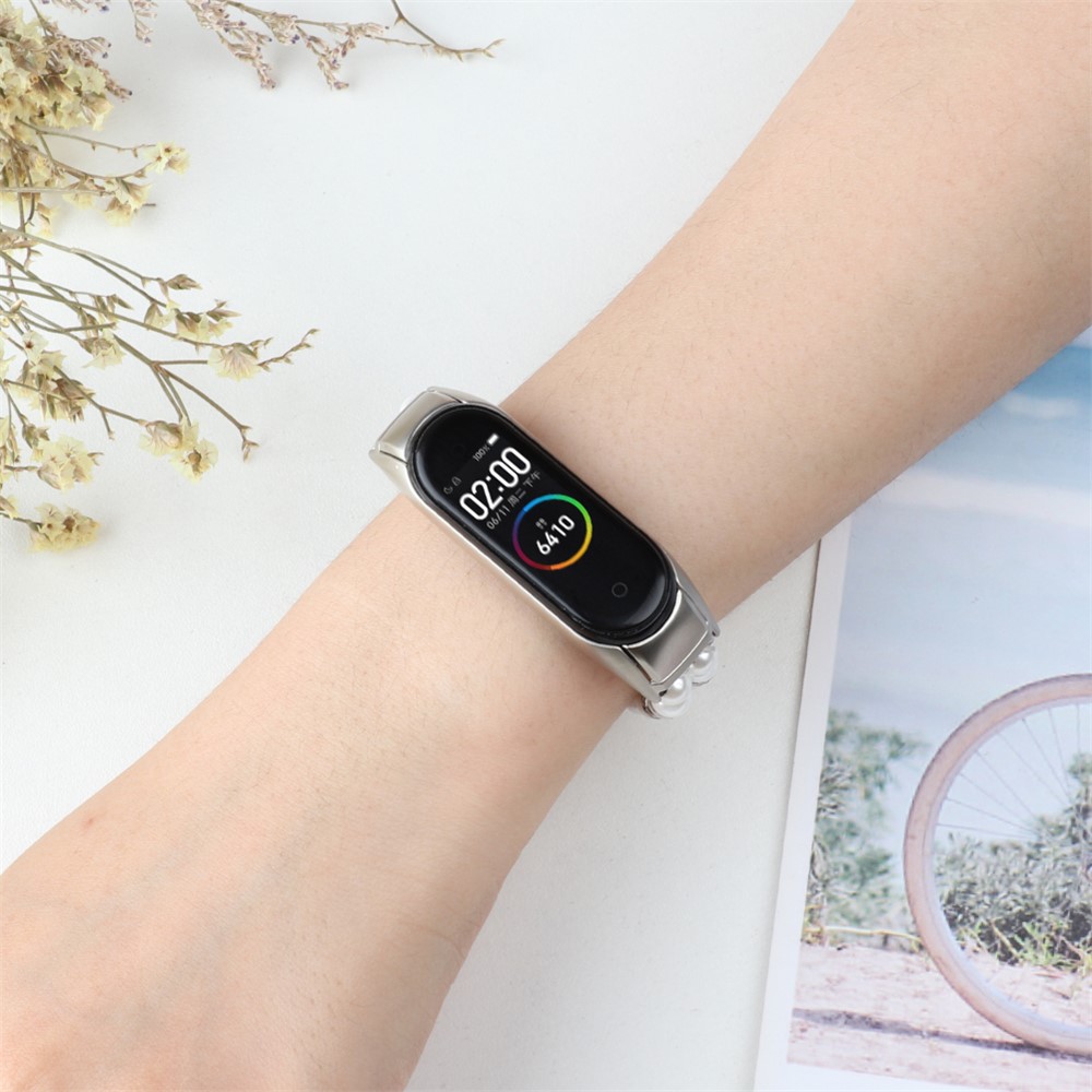 For Xiaomi Mi Band 3/4 Double Rows Pearls Watch Band Bracelet Replacement Strap - White-7