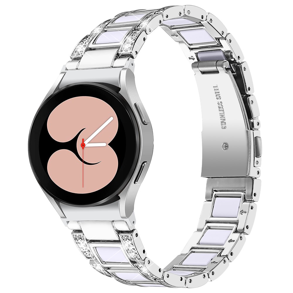 For Samsung Galaxy Watch4 Active 40mm/44mm/Watch4 Classic 42mm/46mm Shiny Rhinestone Watch Strap Stainless Steel Resin Wrist Band Replacement - Silver/White-1