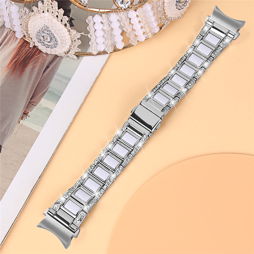 For Samsung Galaxy Watch4 Active 40mm/44mm/Watch4 Classic 42mm/46mm Shiny Rhinestone Watch Strap Stainless Steel Resin Wrist Band Replacement - Silver/White-3