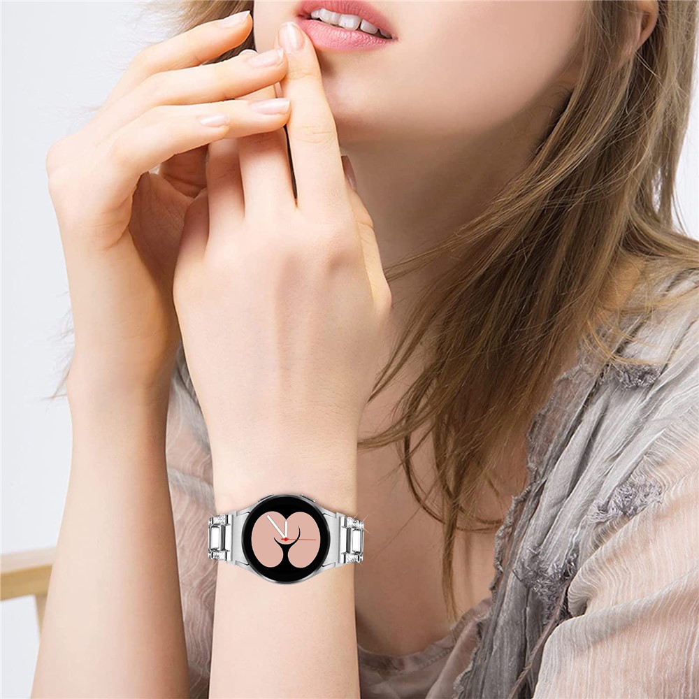 For Samsung Galaxy Watch4 Active 40mm/44mm/Watch4 Classic 42mm/46mm Shiny Rhinestone Watch Strap Stainless Steel Resin Wrist Band Replacement - Silver/White-4