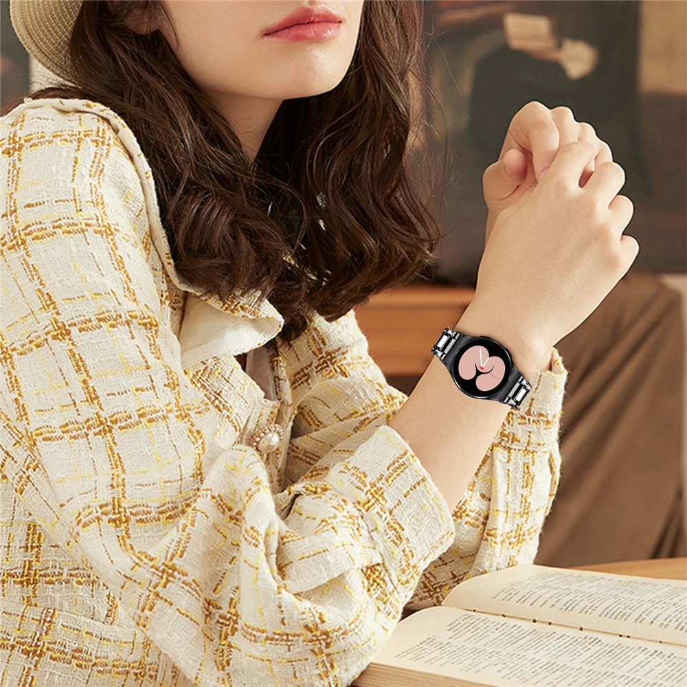 For Samsung Galaxy Watch4 Active 40mm/44mm/Watch4 Classic 42mm/46mm Rhinestone Decor Stainless Steel Resin Watch Band with Watch Strap Adapter - Black/White-5