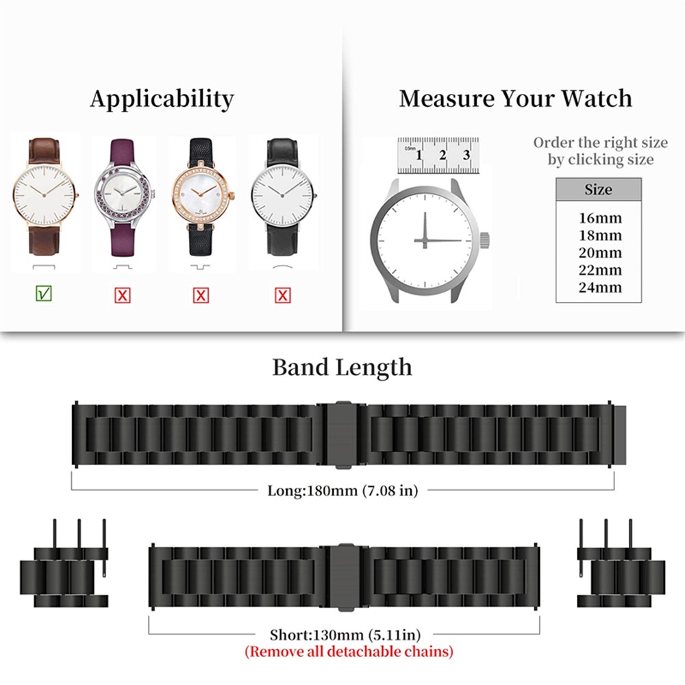 JLT For Samsung Watch4 Classic 46mm / 42mm / Garmin Venu 2 Plus 22mm Stainless Steel Watch Strap Three Beads Wrist Band with Folding Buckle - Black-5