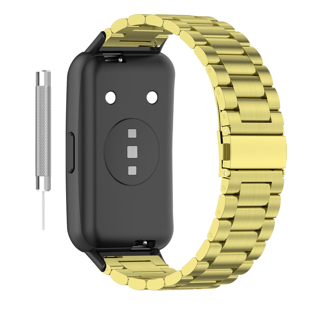 For Huawei Band 7 Stainless Steel Smart Watch Band Three Beads Replacement Strap with Folding Buckle - Gold-2
