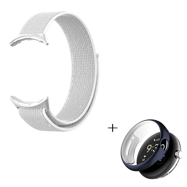 For Google Pixel Watch Magic Tape Nylon Loop Watch Strap with TPU Full Cover Protective Case (Midnight Blue) - White-1