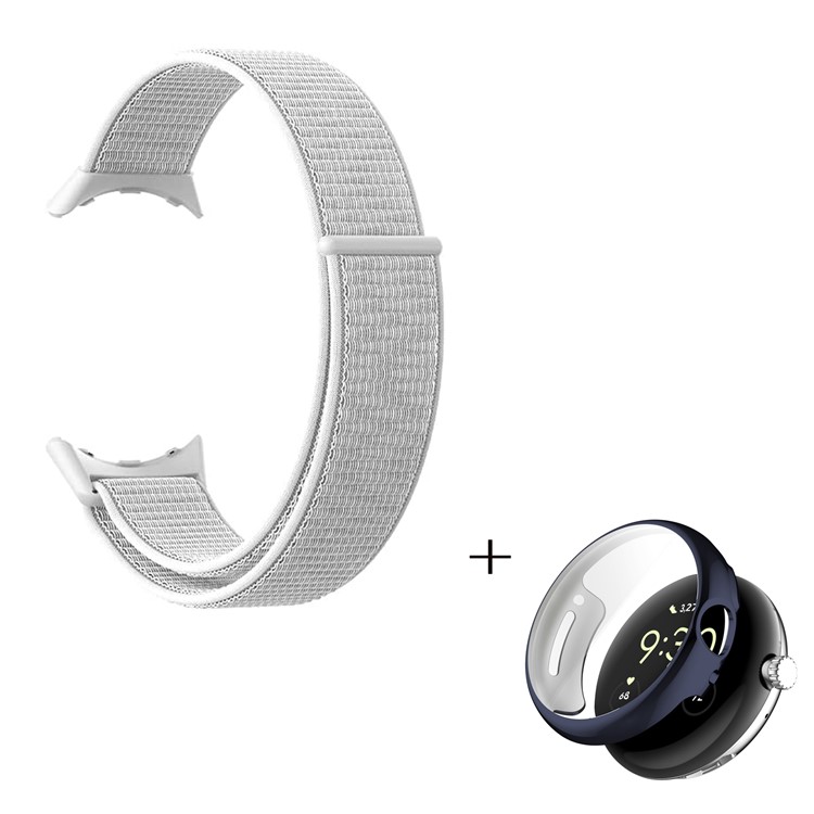 For Google Pixel Watch Magic Tape Nylon Loop Watch Strap with TPU Full Cover Protective Case (Midnight Blue) - White-2