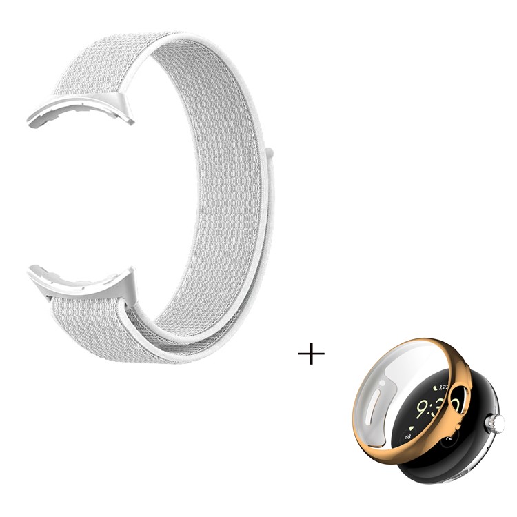 For Google Pixel Watch 2-in-1 Nylon Magic Tape Loop Watch Strap with TPU Full Cover Protective Case (Rose Gold) - White-1