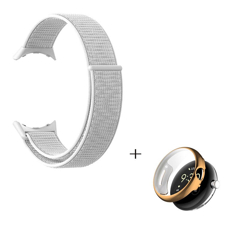 For Google Pixel Watch 2-in-1 Nylon Magic Tape Loop Watch Strap with TPU Full Cover Protective Case (Rose Gold) - White-2