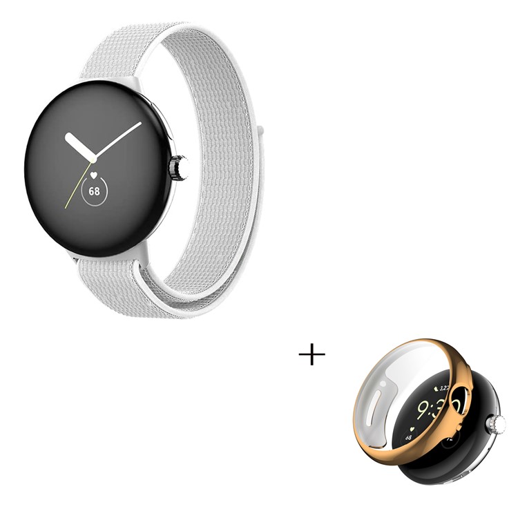 For Google Pixel Watch 2-in-1 Nylon Magic Tape Loop Watch Strap with TPU Full Cover Protective Case (Rose Gold) - White-3