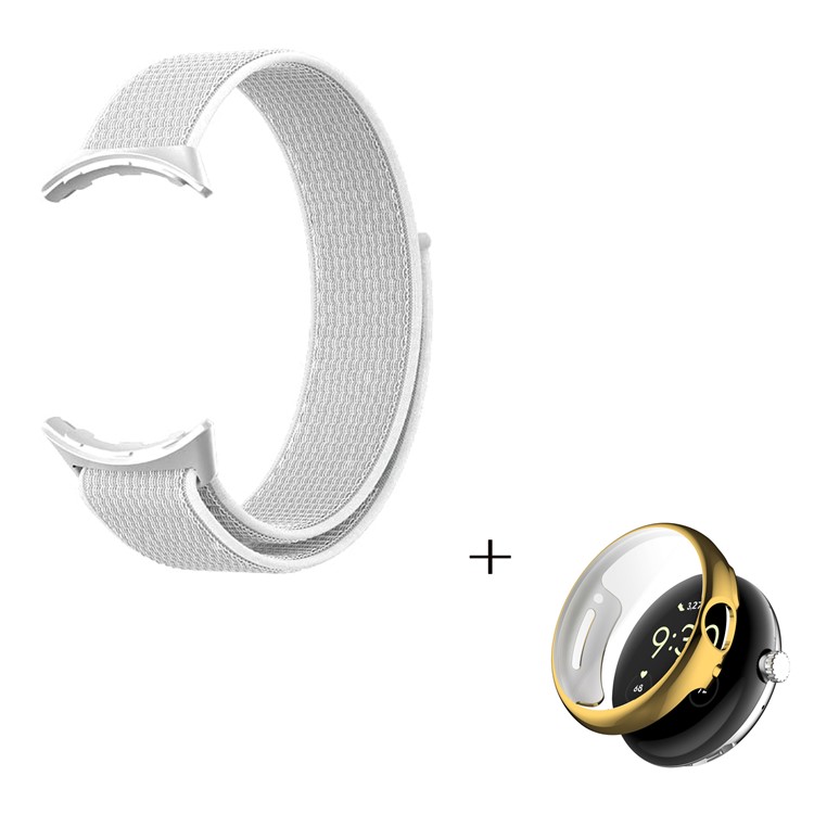 For Google Pixel Watch Nylon Watchband, Magic Tape Loop Watch Strap with TPU Full Cover Protective Case (Gold) - White-1