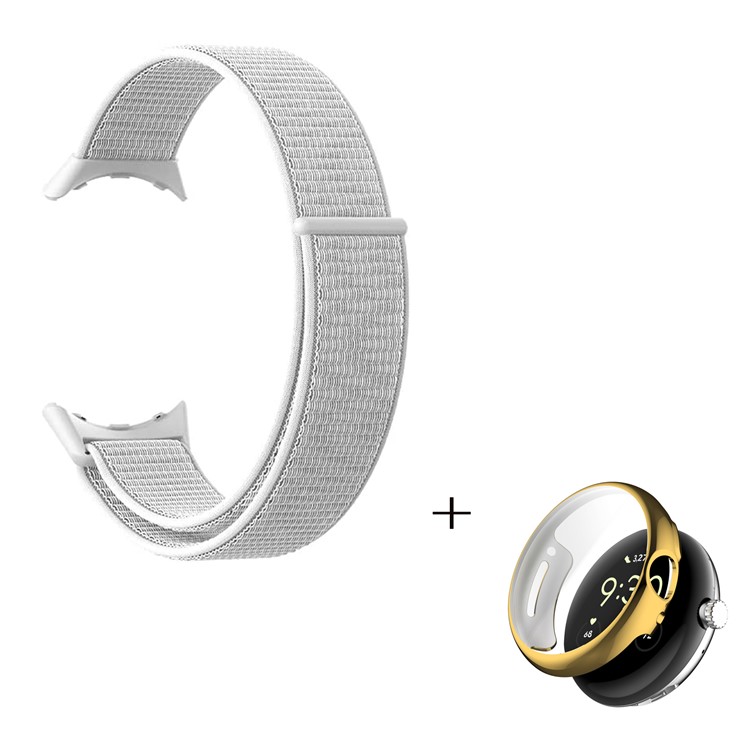 For Google Pixel Watch Nylon Watchband, Magic Tape Loop Watch Strap with TPU Full Cover Protective Case (Gold) - White-2