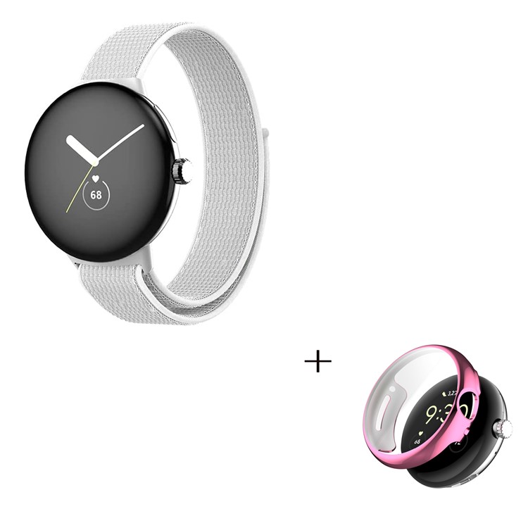 Breathable Nylon Strap for Google Pixel Watch, Magic Tape Loop Watch Strap with TPU Full Cover Protective Case (Pink) - White-3