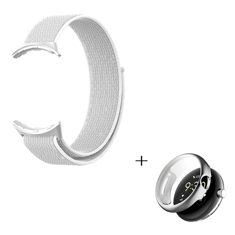 For Google Pixel Watch Magic Tape Loop Watch Strap, Adjustable Nylon Band with TPU Full Cover Protective Case (Silver) - White-1