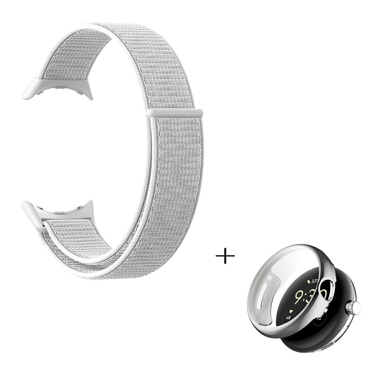 For Google Pixel Watch Magic Tape Loop Watch Strap, Adjustable Nylon Band with TPU Full Cover Protective Case (Silver) - White-2