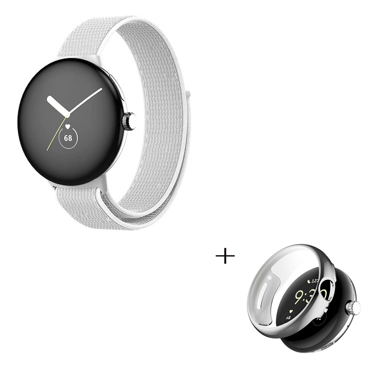 For Google Pixel Watch Magic Tape Loop Watch Strap, Adjustable Nylon Band with TPU Full Cover Protective Case (Silver) - White-3