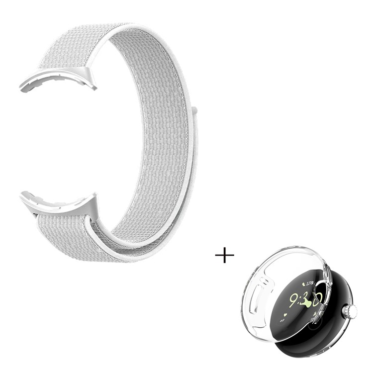 Replacement Nylon Watchband for Google Pixel Watch, Magic Tape Loop Watch Strap with TPU Full Cover Protective Case (Transparent) - White-1