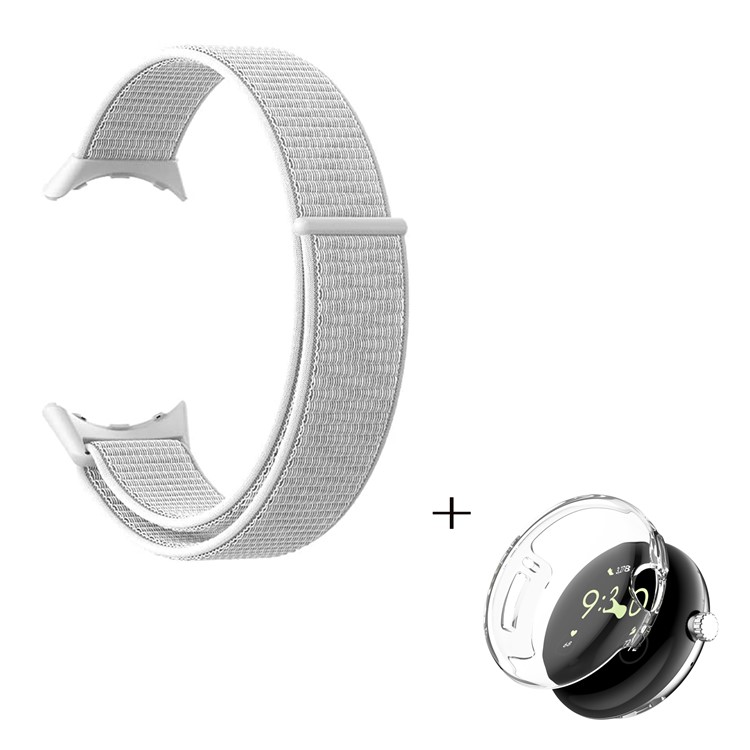 Replacement Nylon Watchband for Google Pixel Watch, Magic Tape Loop Watch Strap with TPU Full Cover Protective Case (Transparent) - White-2