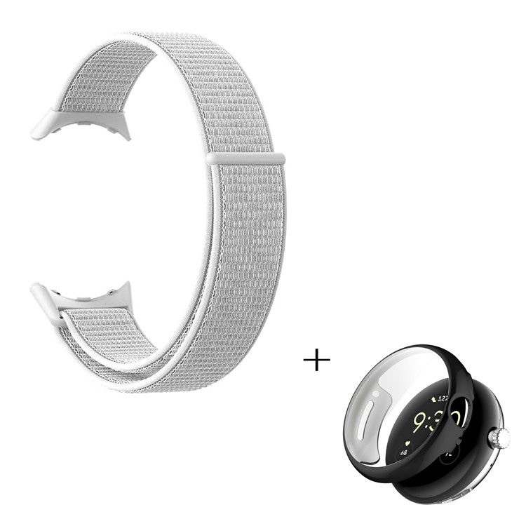 Braided Nylon Watchband for Google Pixel Watch, Magic Tape Loop Watch Strap with TPU Full Cover Protective Case (Black) - White-2