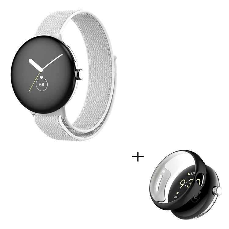 Braided Nylon Watchband for Google Pixel Watch, Magic Tape Loop Watch Strap with TPU Full Cover Protective Case (Black) - White-3
