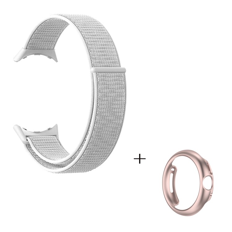 For Google Pixel Watch 2-in-1 Nylon Loop Band Magic Tape Watch Strap with PC Hollow-out Protective Case (Rose Gold) - White-2