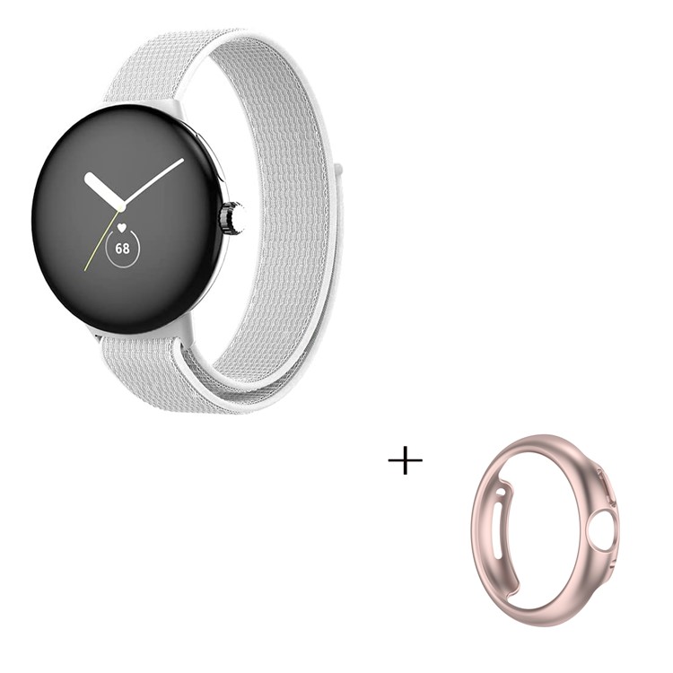 For Google Pixel Watch 2-in-1 Nylon Loop Band Magic Tape Watch Strap with PC Hollow-out Protective Case (Rose Gold) - White-3