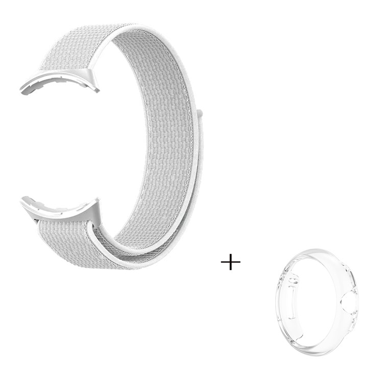 For Google Pixel Watch Magic Tape Watch Strap Nylon Loop Band with PC Hollow-out Protective Case (Transparent) - White-1