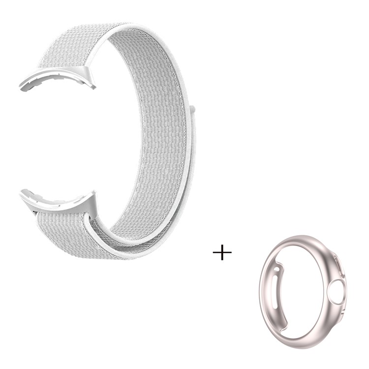 For Google Pixel Watch Loop Band, Magic Tape Nylon Watch Strap with PC Hollow-out Protective Case (Starlight) - White-1