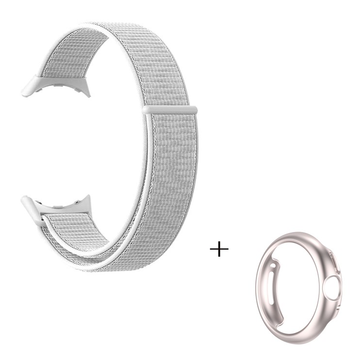 For Google Pixel Watch Loop Band, Magic Tape Nylon Watch Strap with PC Hollow-out Protective Case (Starlight) - White-2