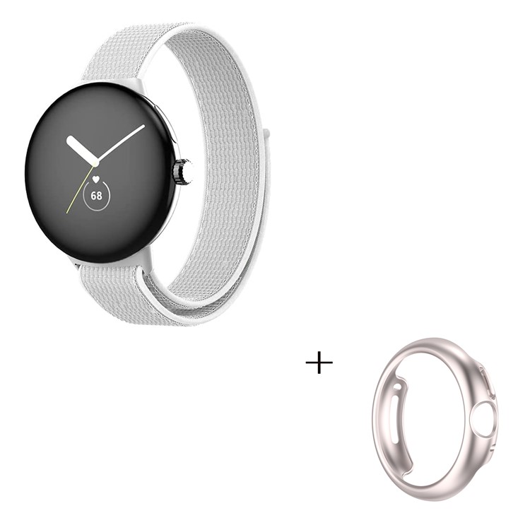 For Google Pixel Watch Loop Band, Magic Tape Nylon Watch Strap with PC Hollow-out Protective Case (Starlight) - White-3
