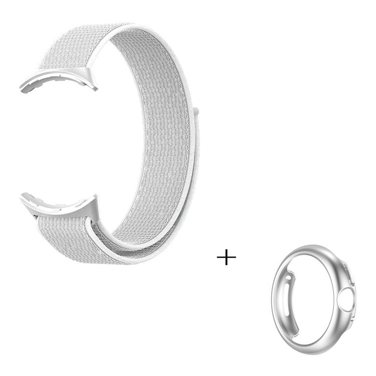 Magic Tape Nylon Loop Watch Strap for Google Pixel Watch with PC Hollow-out Protective Case (Silver) - White-1