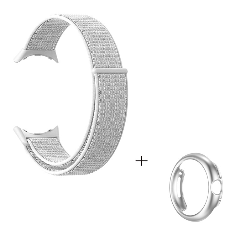 Magic Tape Nylon Loop Watch Strap for Google Pixel Watch with PC Hollow-out Protective Case (Silver) - White-2