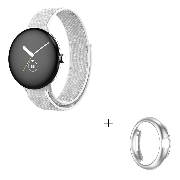 Magic Tape Nylon Loop Watch Strap for Google Pixel Watch with PC Hollow-out Protective Case (Silver) - White-3