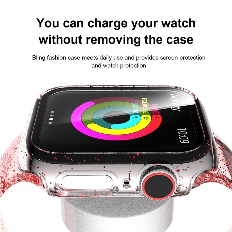 Glittery PC Frame Intergrated Tempered Glass Screen Protector Smart Watch Case for Apple Watch Series 5/4 44mm - Red-5