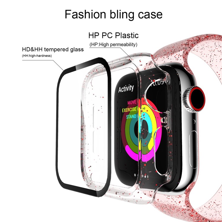 Glittery PC Frame Intergrated Tempered Glass Screen Protector Smart Watch Case for Apple Watch Series 5/4 44mm - Red-6