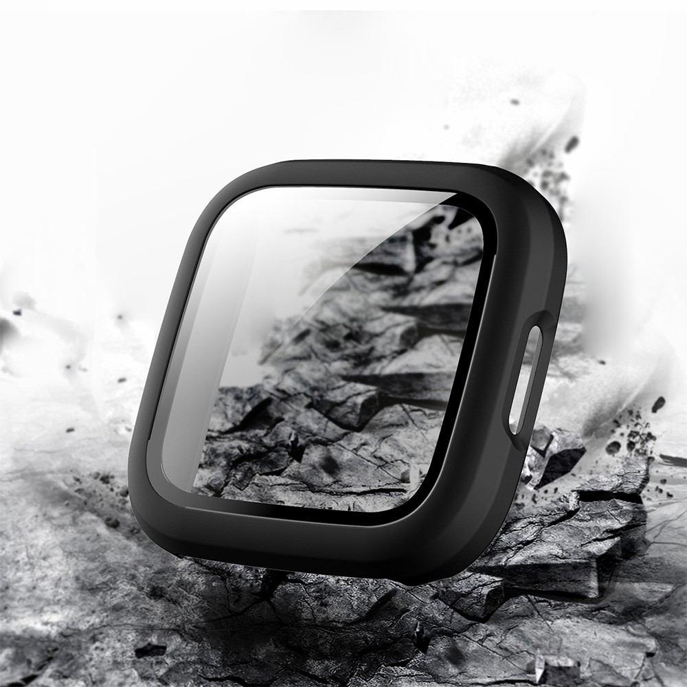 Rubberized PC Frame Intergrated Tempered Glass Screen Protector Smart Watch Cover for Fitbit Versa 2 - Black-3