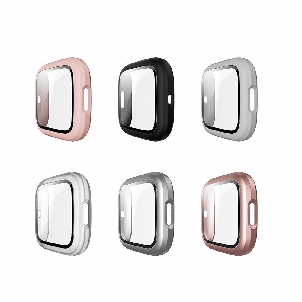 Rubberized PC Frame Intergrated Tempered Glass Screen Protector Smart Watch Cover for Fitbit Versa 2 - Black-6