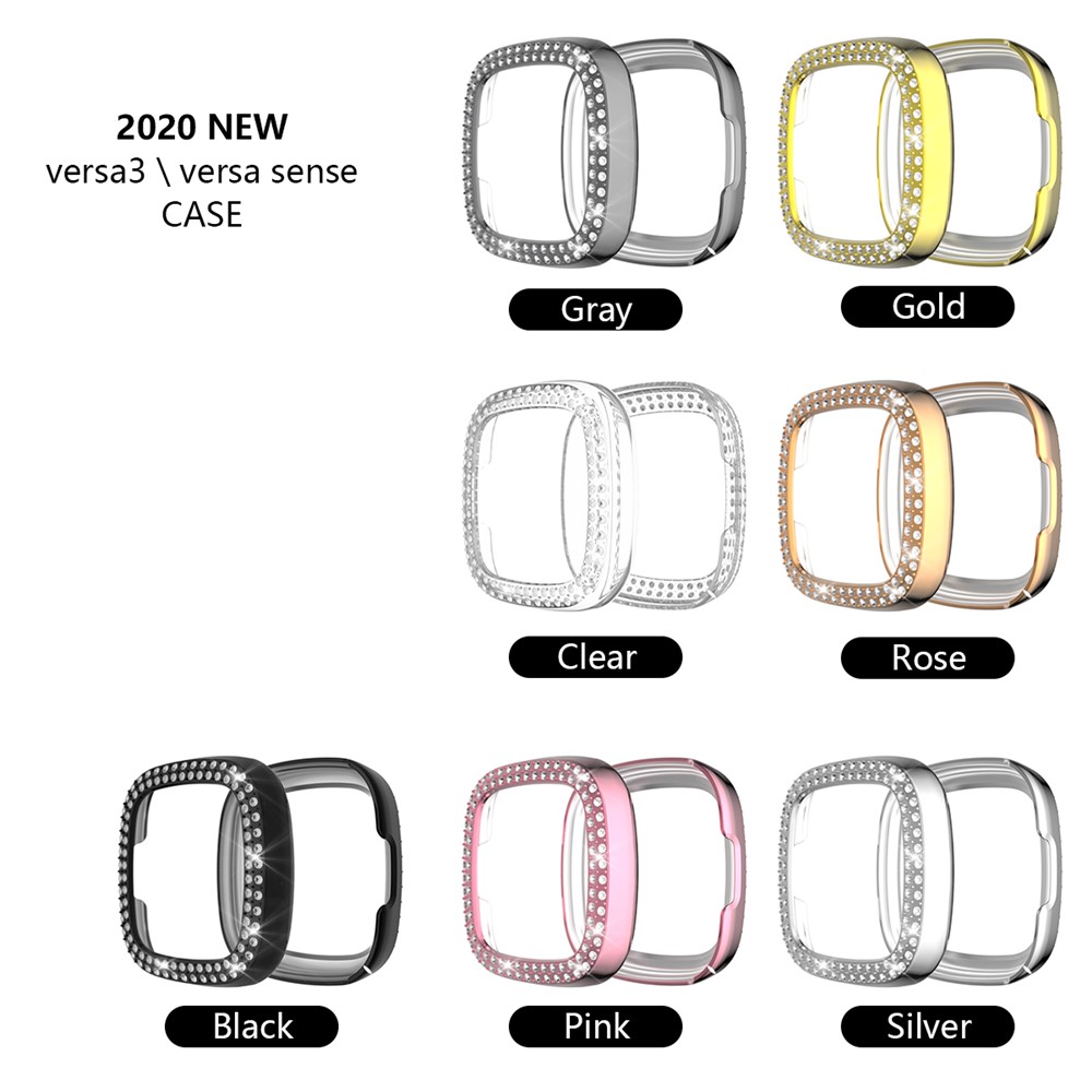 Double-row Rhinestone PC Hollow Electroplating Case (Support Power Charging with Case) for Fitbit Versa 3/Sense - Transparent - Black-7