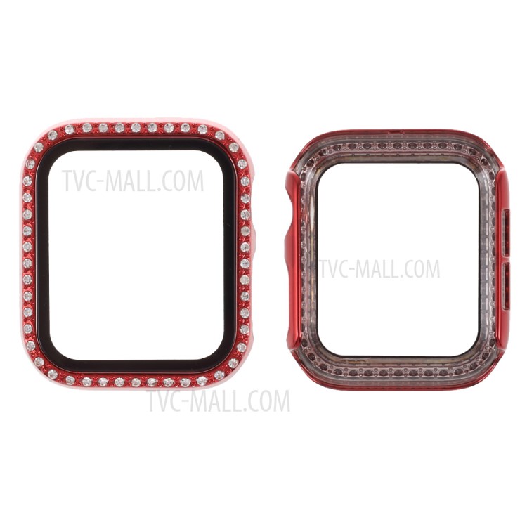 Electroplating Rhinestones Decor PC Frame Tempered Glass Protector Cover for Apple Watch Series 1/2/3 42mm - Red-1