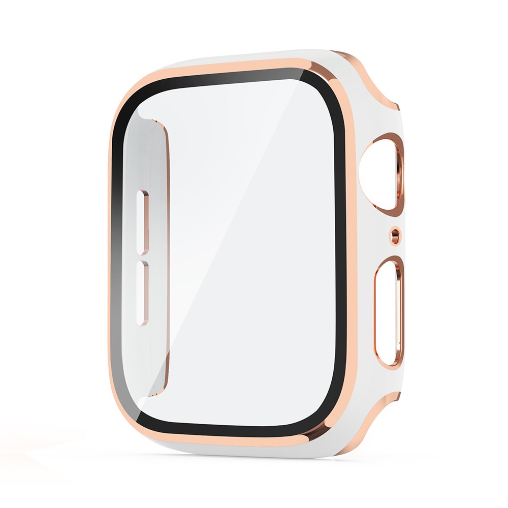 One-Piece Plated Hard PC and Tempered Glass Film Watch Case for Apple Watch Series SE/6/5/4 44mm - White / Champagne-2