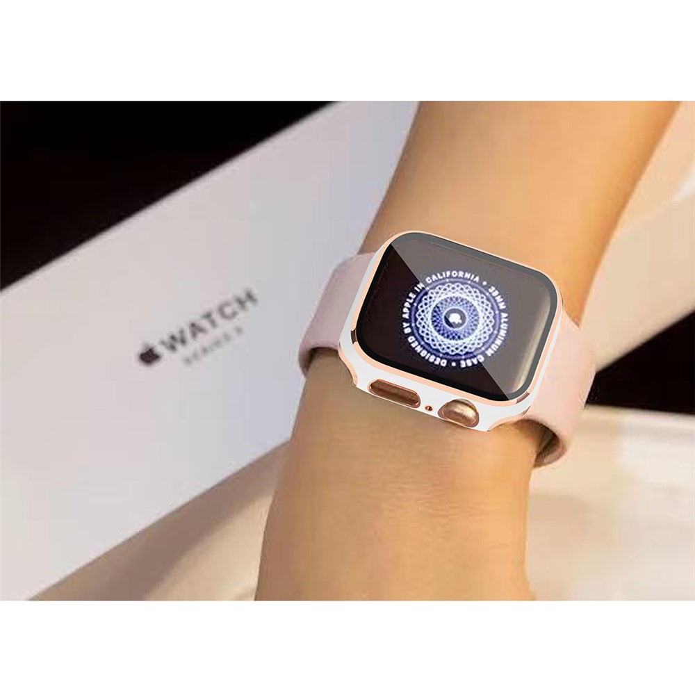 One-Piece Plated Hard PC and Tempered Glass Film Watch Case for Apple Watch Series SE/6/5/4 44mm - White / Champagne-3