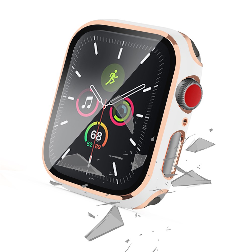 One-Piece Plated Hard PC and Tempered Glass Film Watch Case for Apple Watch Series SE/6/5/4 44mm - White / Champagne-4