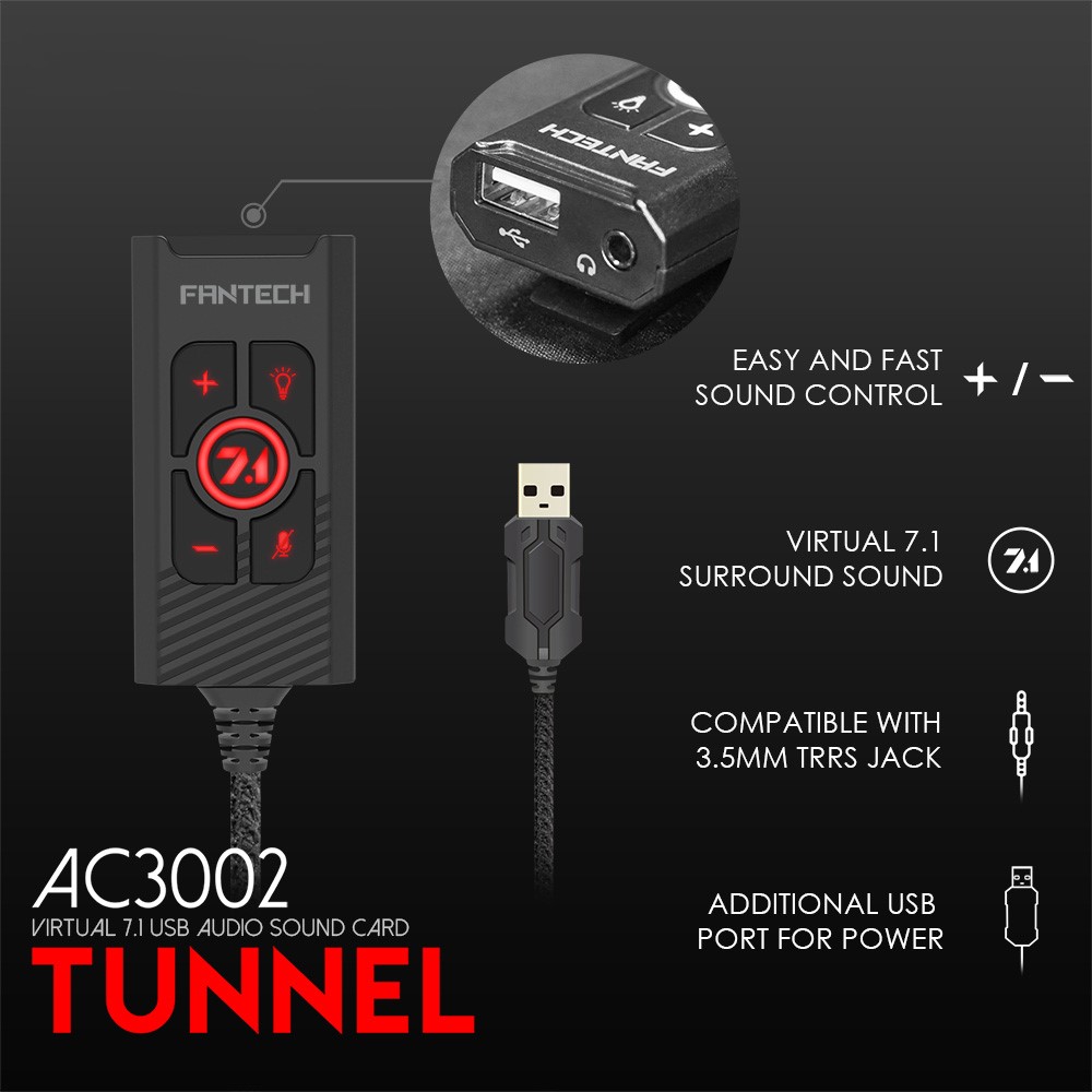 100Pcs FANTECH AC3002 7.1 Audio Sound Card Volume and Mic Risk Controller for Gaming Headset-5