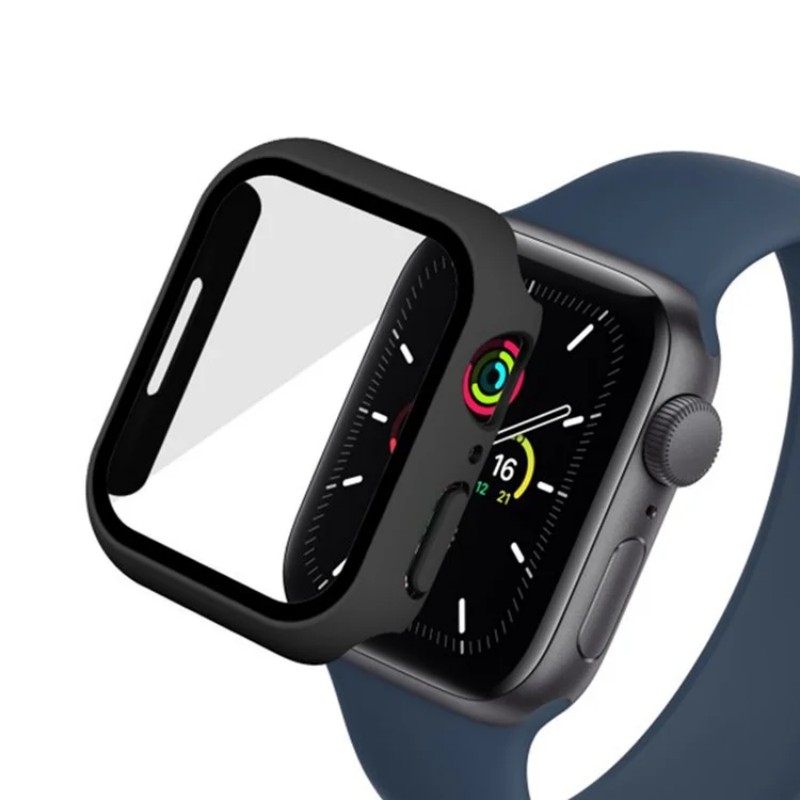 WANLONFENG For Apple Watch Series 8 41mm / Apple Watch Series 7 41mm / Apple Watch Series 9 41mm Watch Case  PC Frame Cover with Tempered Glass Screen Protector - Black