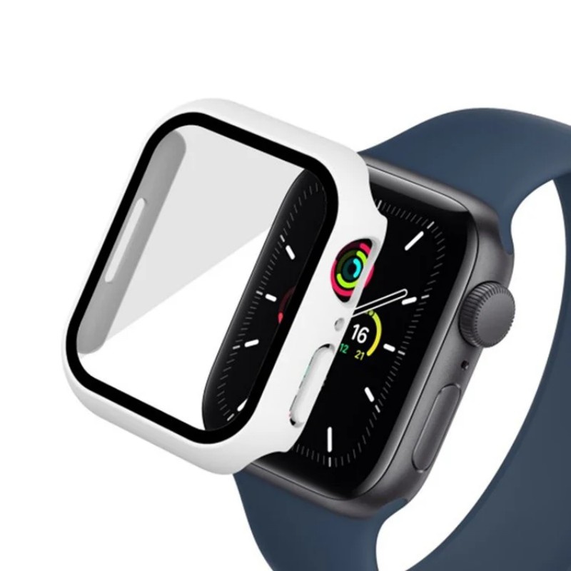 WANLONFENG For Apple Watch Series 8 45mm / Apple Watch Series 7 45mm / Apple Watch Series 9 45mm Watch Case  PC Frame Cover with Tempered Glass Screen Protector - White