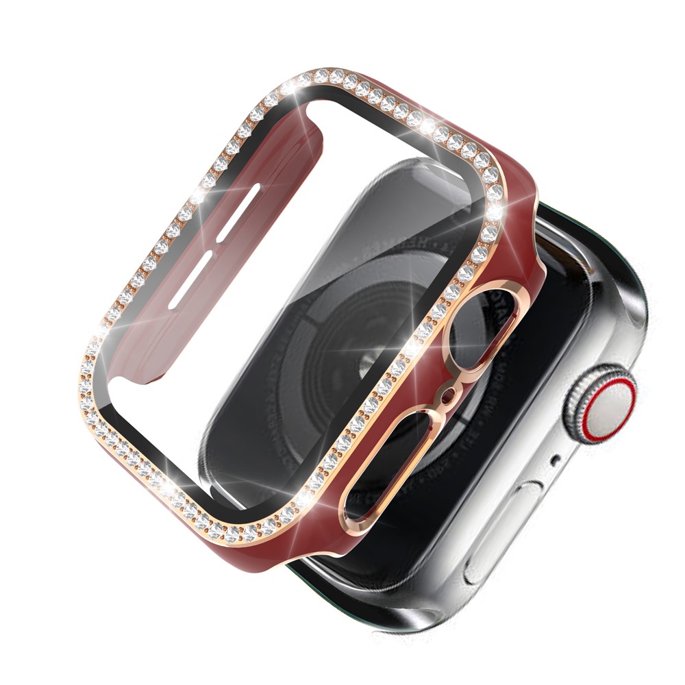 Two Color Electroplating Crystal Rhinestone PC Case Cover+Tempered Glass Film for Apple Watch 1/2/3 42mm - Red / Gold-1