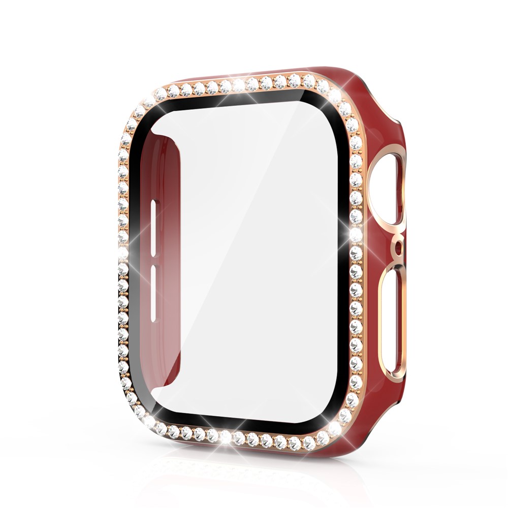 Two Color Electroplating Crystal Rhinestone PC Case Cover+Tempered Glass Film for Apple Watch 1/2/3 42mm - Red / Gold-2