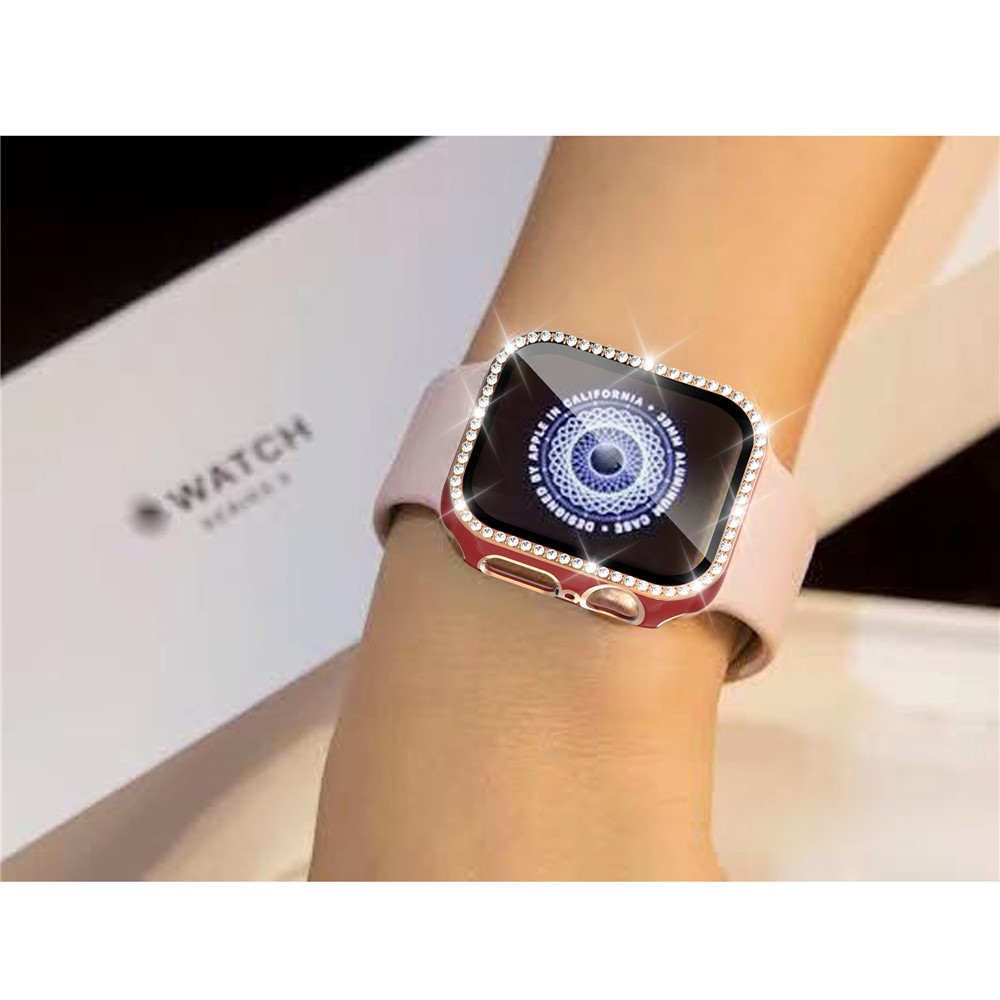 Two Color Electroplating Crystal Rhinestone PC Case Cover+Tempered Glass Film for Apple Watch 1/2/3 42mm - Red / Gold-3