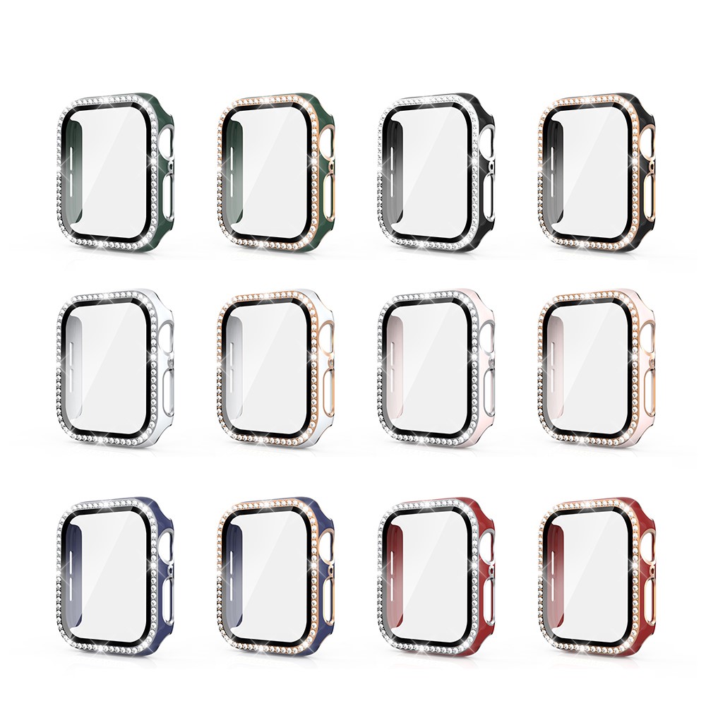 Two Color Electroplating Crystal Rhinestone PC Case Cover+Tempered Glass Film for Apple Watch 1/2/3 42mm - Red / Gold-4