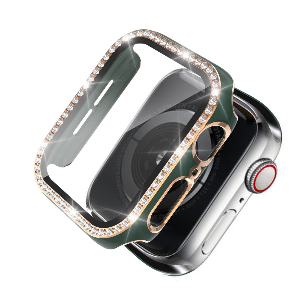 Bi-Color Electroplating Rhinestone Crystal PC Case Cover with Tempered Glass Screen Film for Apple Watch 4/5/6/SE 44mm - Green / Gold-1